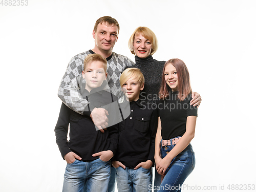 Image of Happy adult large family of Slavic appearance in casual clothes, isolated on white background