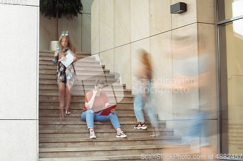 Image of Caucasian female inclusive plus-size model in her daily routine. Realness, tolerance, lifestyle