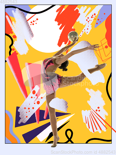 Image of Young female gymnast exercising with colourful art drawings in comics style