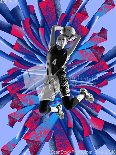 Image of Young female basketball player in jump with colourful art drawings in comics style