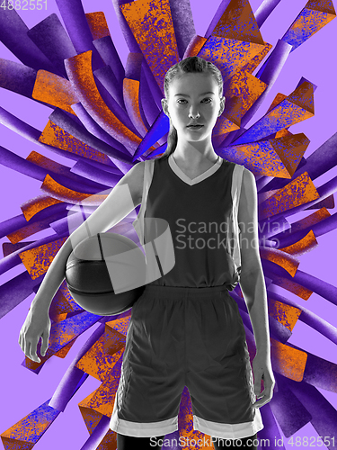 Image of Young female basketball player posing with colourful art drawings in comics style