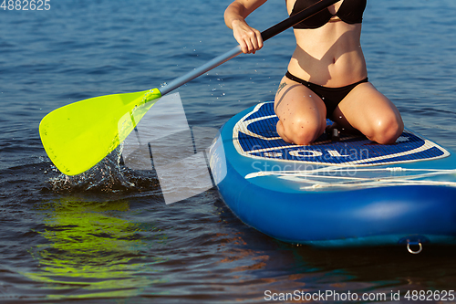 Image of Young attractive woman sitting on paddle board, SUP. Active life, sport, leisure activity concept