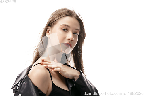 Image of Portrait of beautiful young woman isolated on white studio background. Concept of beauty, skin care, fashion and style