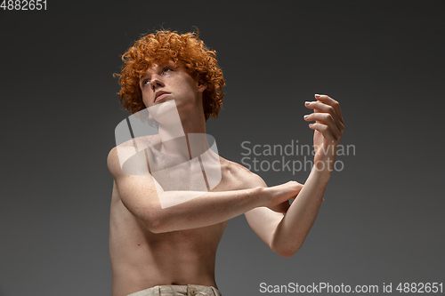 Image of Portrait of beautiful redhead man isolated on grey studio background. Concept of beauty, skin care, fashion and style