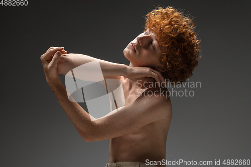 Image of Portrait of beautiful redhead man isolated on grey studio background. Concept of beauty, skin care, fashion and style