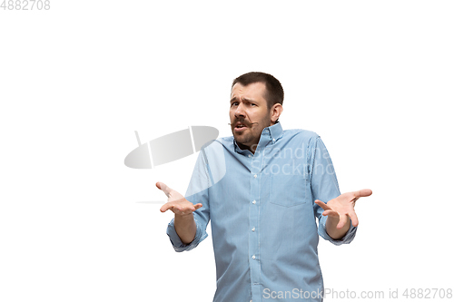 Image of Young caucasian man with funny, unusual popular emotions and gestures isolated on white studio background