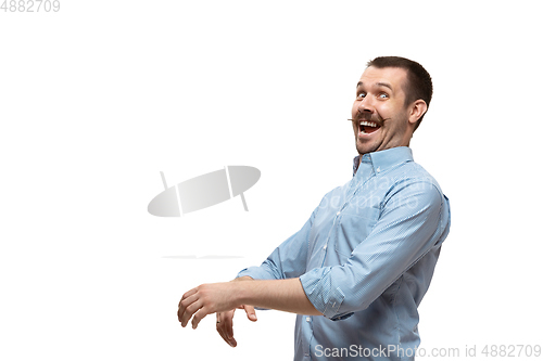 Image of Young caucasian man with funny, unusual popular emotions and gestures isolated on white studio background