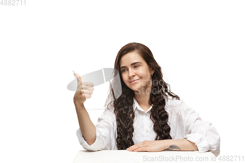 Image of Young caucasian woman with funny, unusual popular emotions and gestures isolated on white studio background