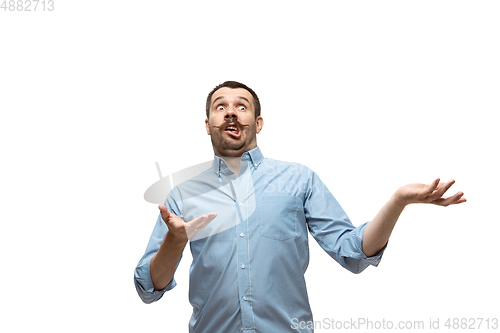 Image of Young caucasian man with funny, unusual popular emotions and gestures isolated on white studio background