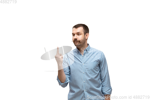 Image of Young caucasian man with funny, unusual popular emotions and gestures isolated on white studio background