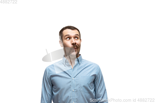 Image of Young caucasian man with funny, unusual popular emotions and gestures isolated on white studio background