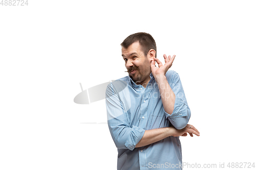 Image of Young caucasian man with funny, unusual popular emotions and gestures isolated on white studio background