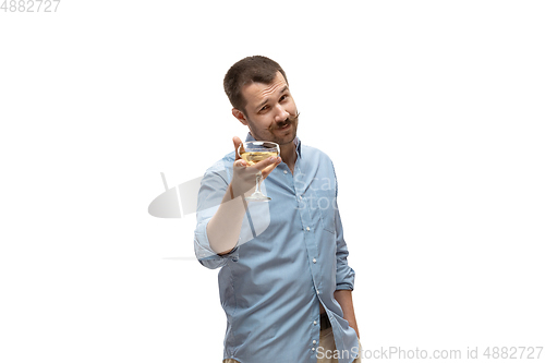 Image of Young caucasian man with funny, unusual popular emotions and gestures isolated on white studio background