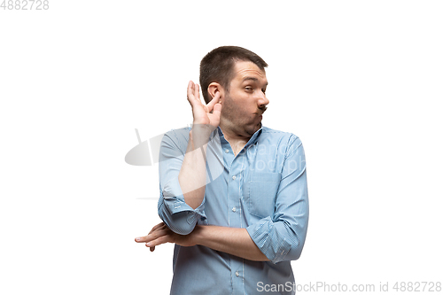 Image of Young caucasian man with funny, unusual popular emotions and gestures isolated on white studio background