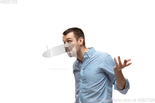 Image of Young caucasian man with funny, unusual popular emotions and gestures isolated on white studio background