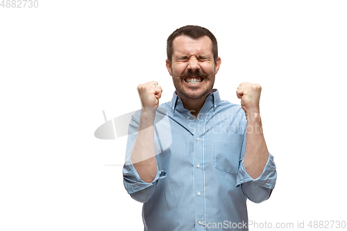 Image of Young caucasian man with funny, unusual popular emotions and gestures isolated on white studio background