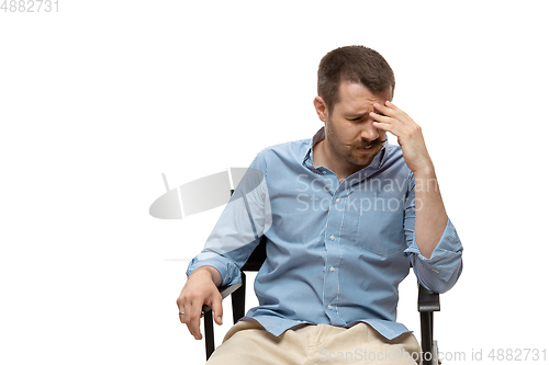 Image of Young caucasian man with funny, unusual popular emotions and gestures isolated on white studio background