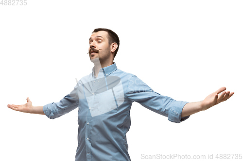 Image of Young caucasian man with funny, unusual popular emotions and gestures isolated on white studio background