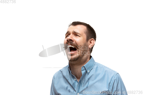 Image of Young caucasian man with funny, unusual popular emotions and gestures isolated on white studio background