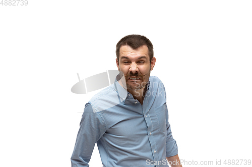 Image of Young caucasian man with funny, unusual popular emotions and gestures isolated on white studio background