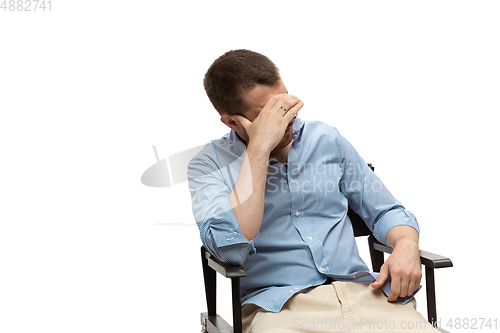 Image of Young caucasian man with funny, unusual popular emotions and gestures isolated on white studio background