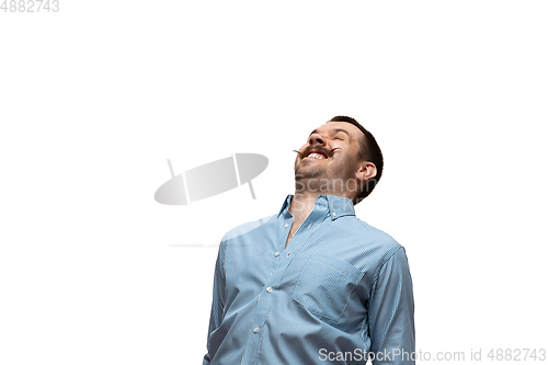 Image of Young caucasian man with funny, unusual popular emotions and gestures isolated on white studio background