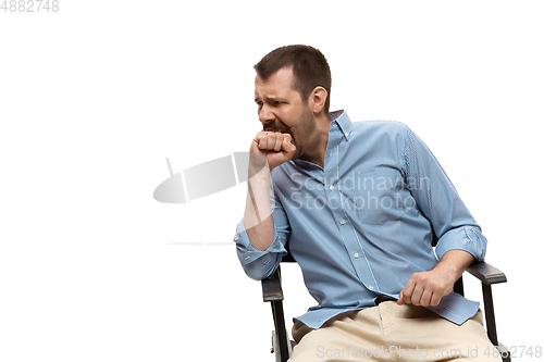 Image of Young caucasian man with funny, unusual popular emotions and gestures isolated on white studio background