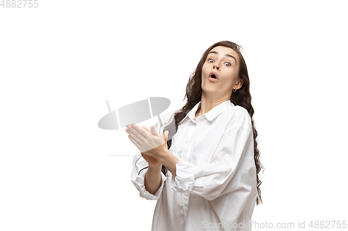 Image of Young caucasian woman with funny, unusual popular emotions and gestures isolated on white studio background