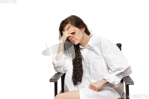 Image of Young caucasian woman with funny, unusual popular emotions and gestures isolated on white studio background