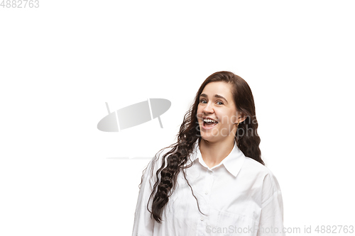 Image of Young caucasian woman with funny, unusual popular emotions and gestures isolated on white studio background