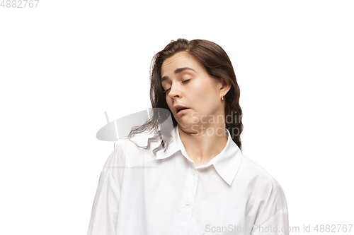 Image of Young caucasian woman with funny, unusual popular emotions and gestures isolated on white studio background