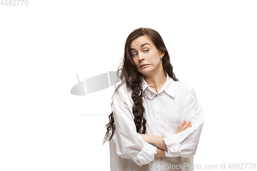 Image of Young caucasian woman with funny, unusual popular emotions and gestures isolated on white studio background