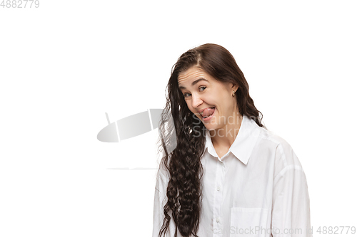 Image of Young caucasian woman with funny, unusual popular emotions and gestures isolated on white studio background