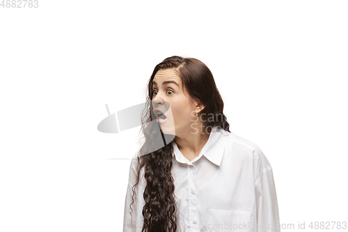 Image of Young caucasian woman with funny, unusual popular emotions and gestures isolated on white studio background