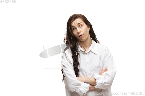 Image of Young caucasian woman with funny, unusual popular emotions and gestures isolated on white studio background