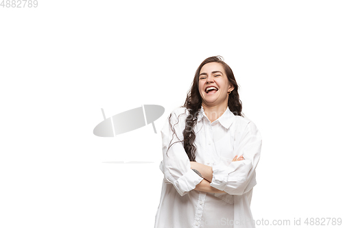 Image of Young caucasian woman with funny, unusual popular emotions and gestures isolated on white studio background