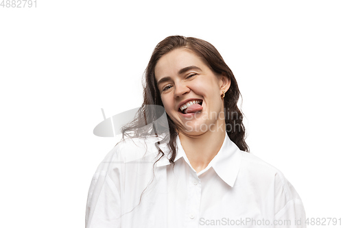 Image of Young caucasian woman with funny, unusual popular emotions and gestures isolated on white studio background