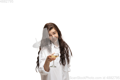 Image of Young caucasian woman with funny, unusual popular emotions and gestures isolated on white studio background