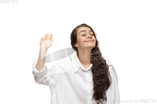 Image of Young caucasian woman with funny, unusual popular emotions and gestures isolated on white studio background