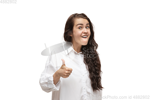 Image of Young caucasian woman with funny, unusual popular emotions and gestures isolated on white studio background