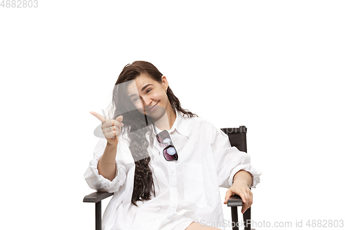 Image of Young caucasian woman with funny, unusual popular emotions and gestures isolated on white studio background