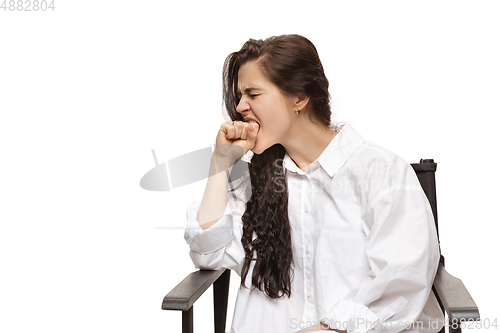 Image of Young caucasian woman with funny, unusual popular emotions and gestures isolated on white studio background