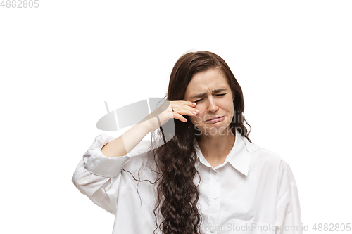 Image of Young caucasian woman with funny, unusual popular emotions and gestures isolated on white studio background