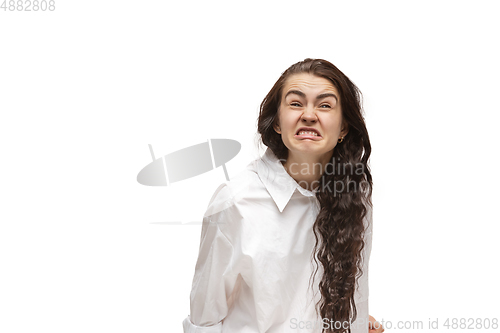 Image of Young caucasian woman with funny, unusual popular emotions and gestures isolated on white studio background