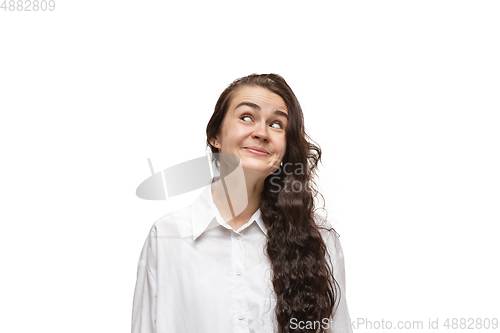 Image of Young caucasian woman with funny, unusual popular emotions and gestures isolated on white studio background