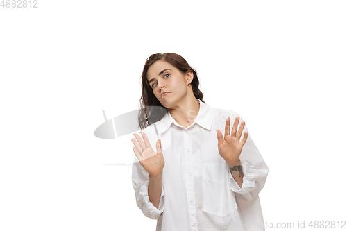 Image of Young caucasian woman with funny, unusual popular emotions and gestures isolated on white studio background