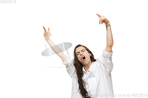 Image of Young caucasian woman with funny, unusual popular emotions and gestures isolated on white studio background