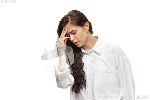 Image of Young caucasian woman with funny, unusual popular emotions and gestures isolated on white studio background