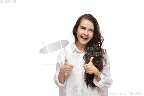 Image of Young caucasian woman with funny, unusual popular emotions and gestures isolated on white studio background