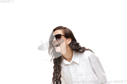 Image of Young caucasian woman with funny, unusual popular emotions and gestures isolated on white studio background